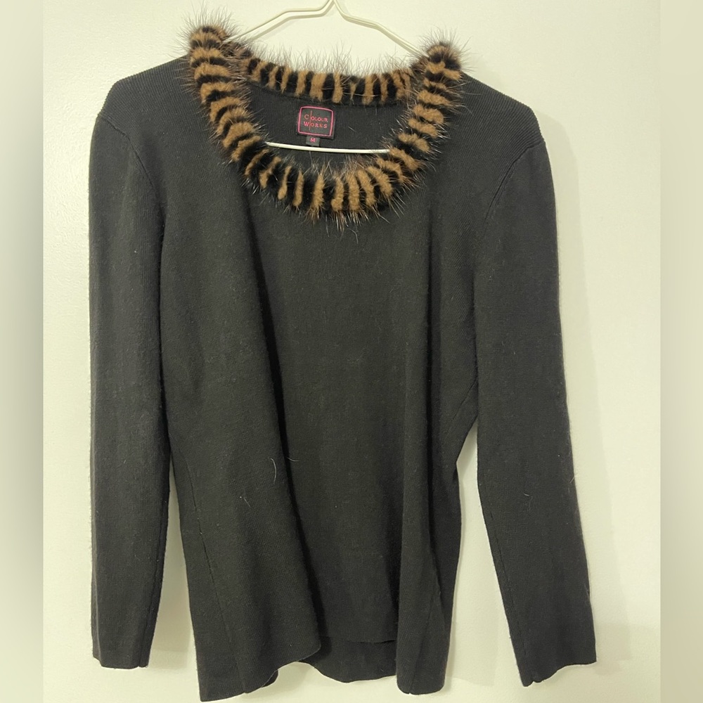 Color Works Black Sweater with Fur Lined Neck